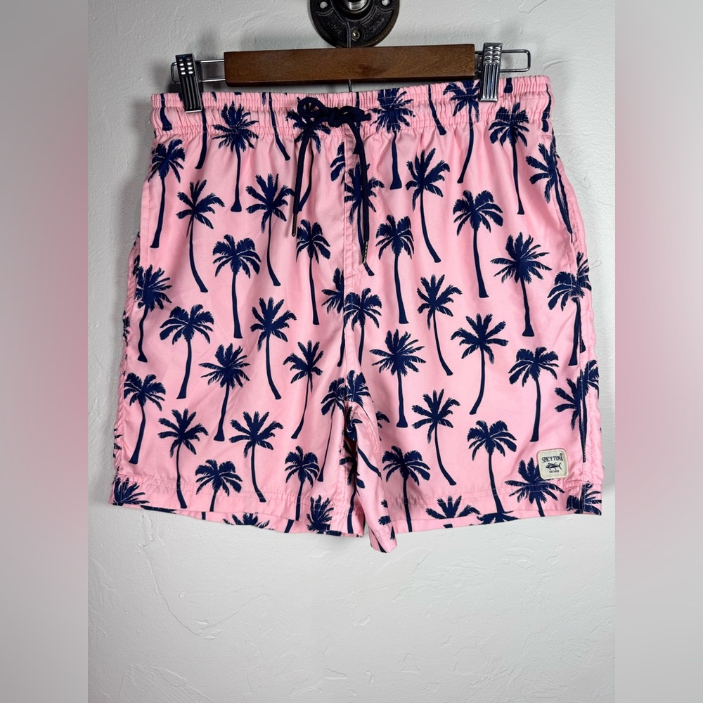 Spicy‎ Tuna Men's Swim Shorts in Pink with Navy Palm Trees Size Medium